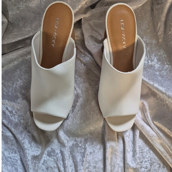 Lisa‎ & Vicky White Leather Platform Mules Cork Heel Size 6.5 Open Toe - Picture 3 of 7